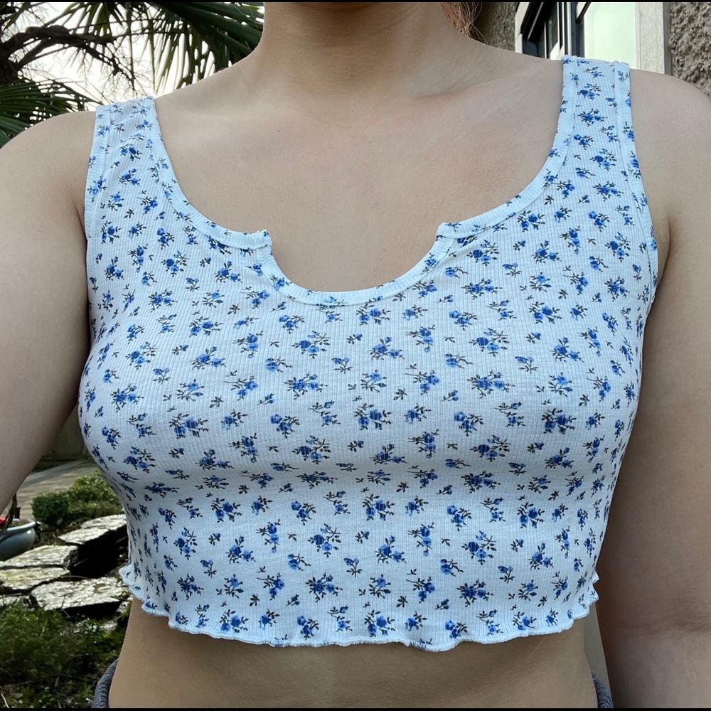 Notched Neck Lettuce Trim Blue Floral Crop Top